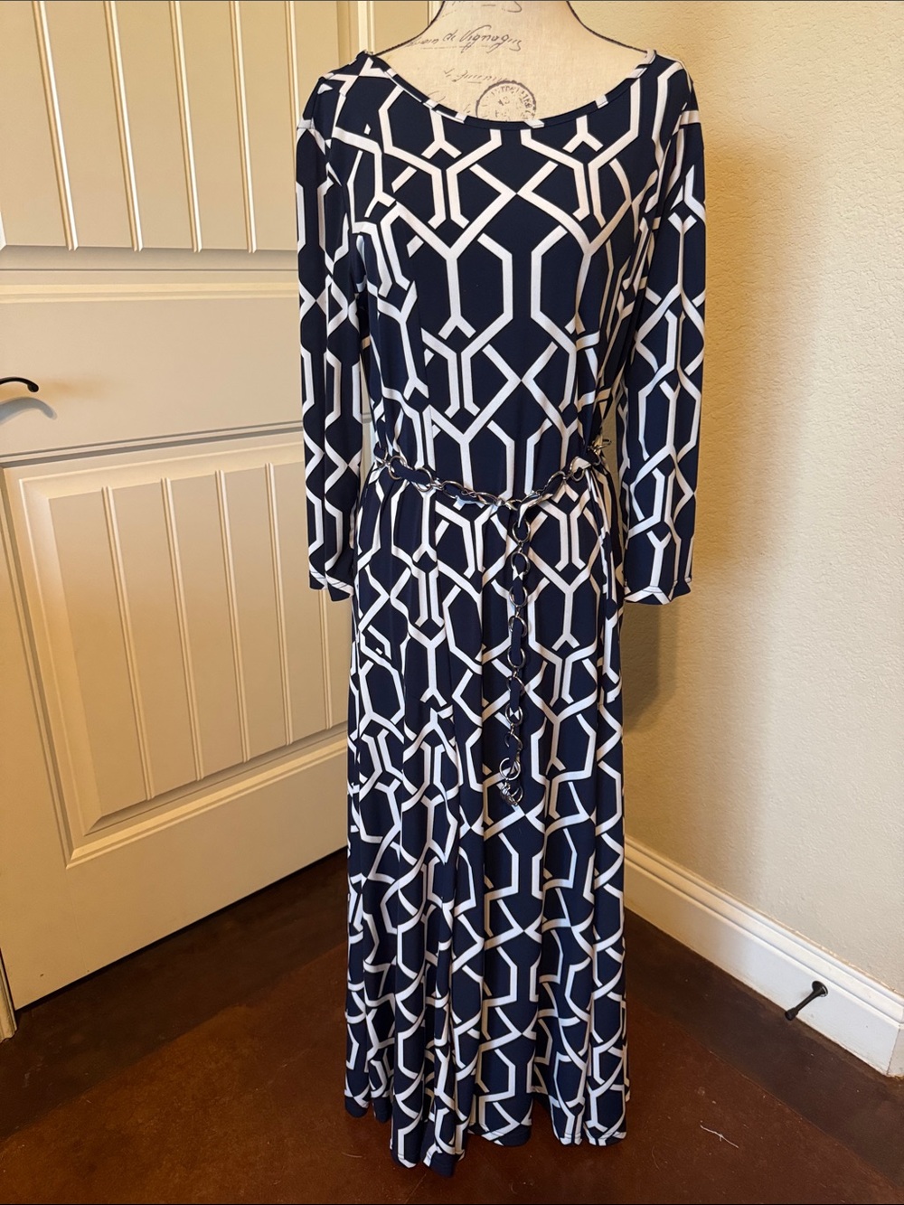 Navy Geometric Print Maxi Dress with Tie Waist